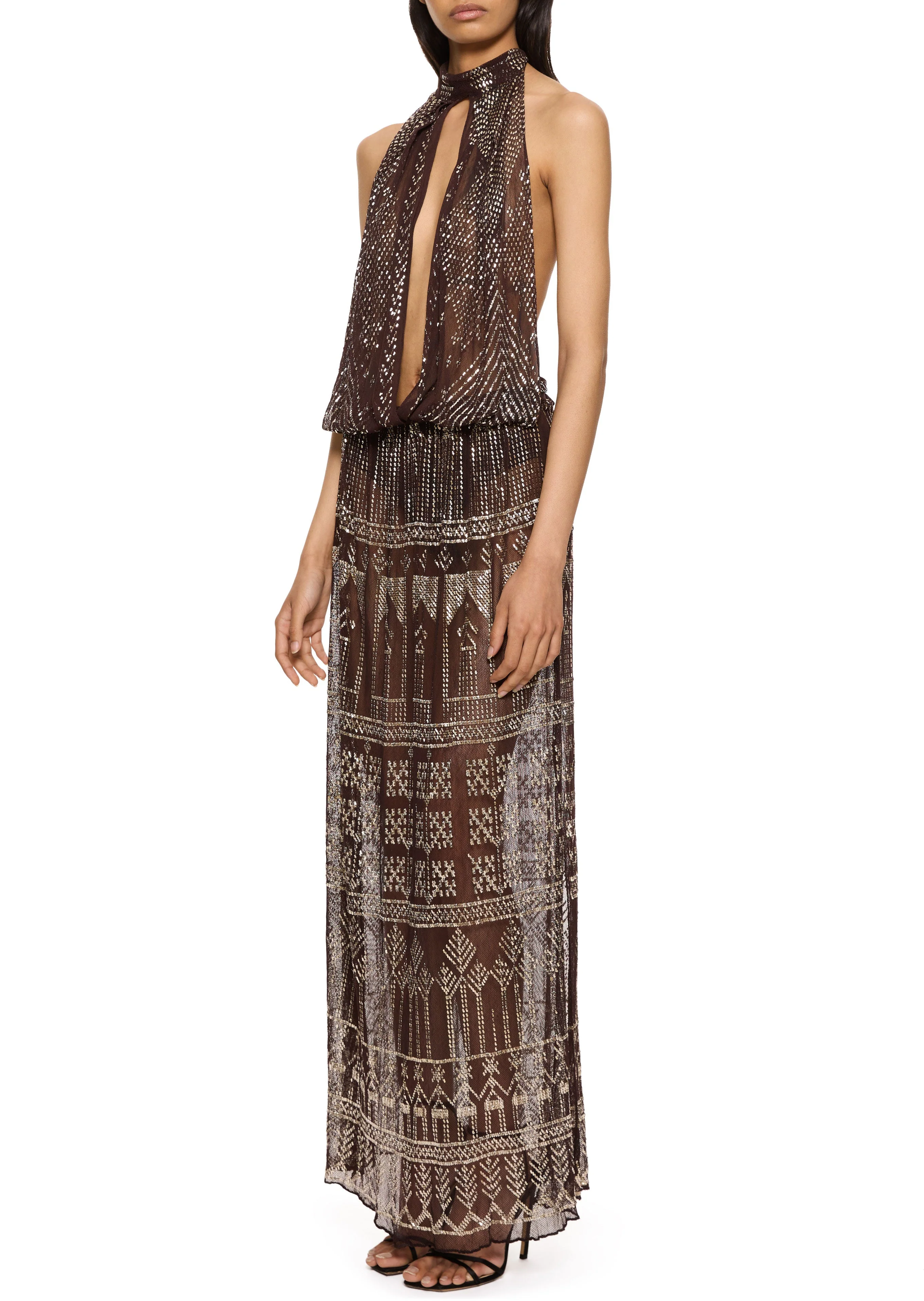 1920s Egyptian Dark Mauve Halter Neck Gown - Image 3