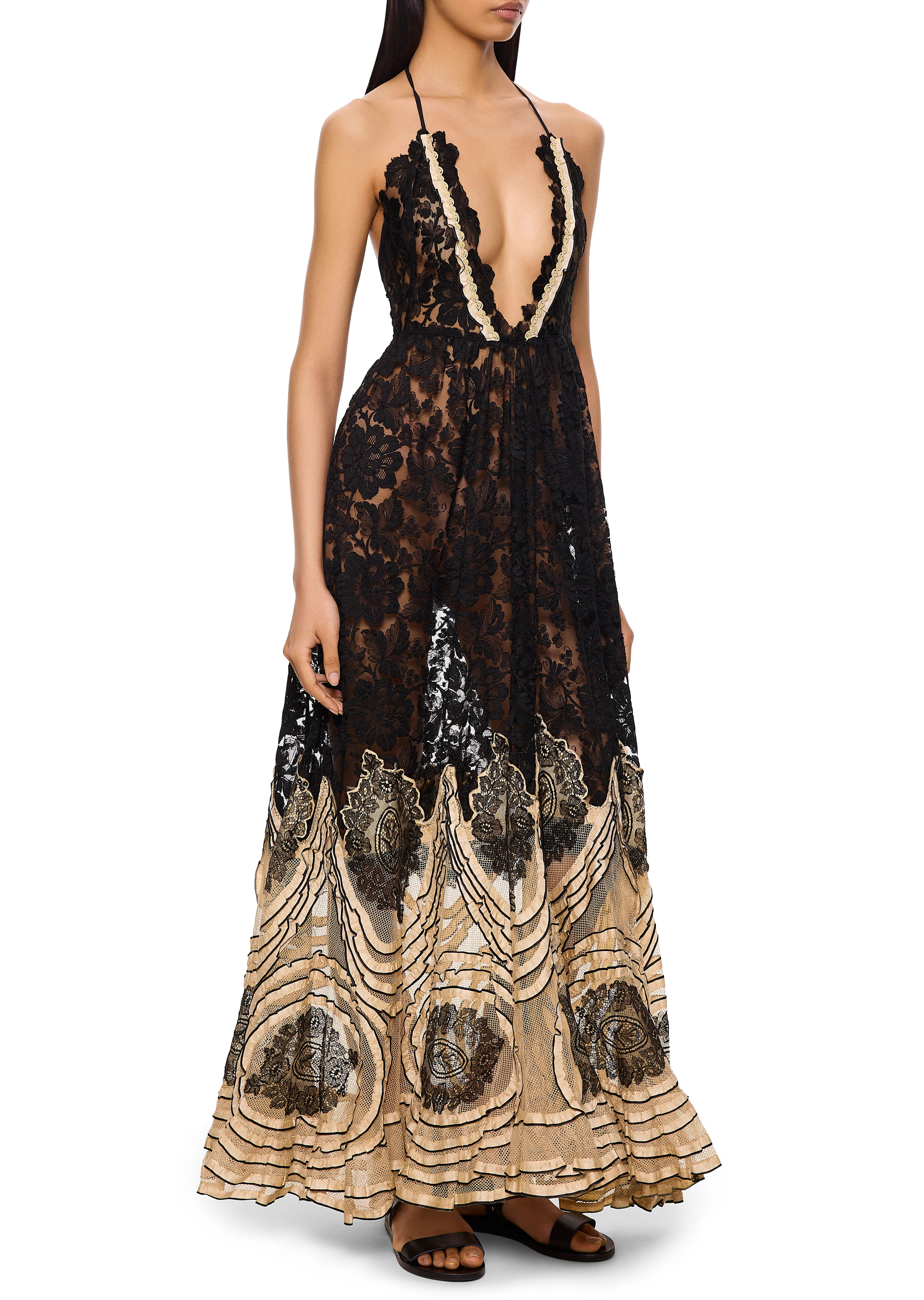 1930s Handmade Black and Cream Lace Gown