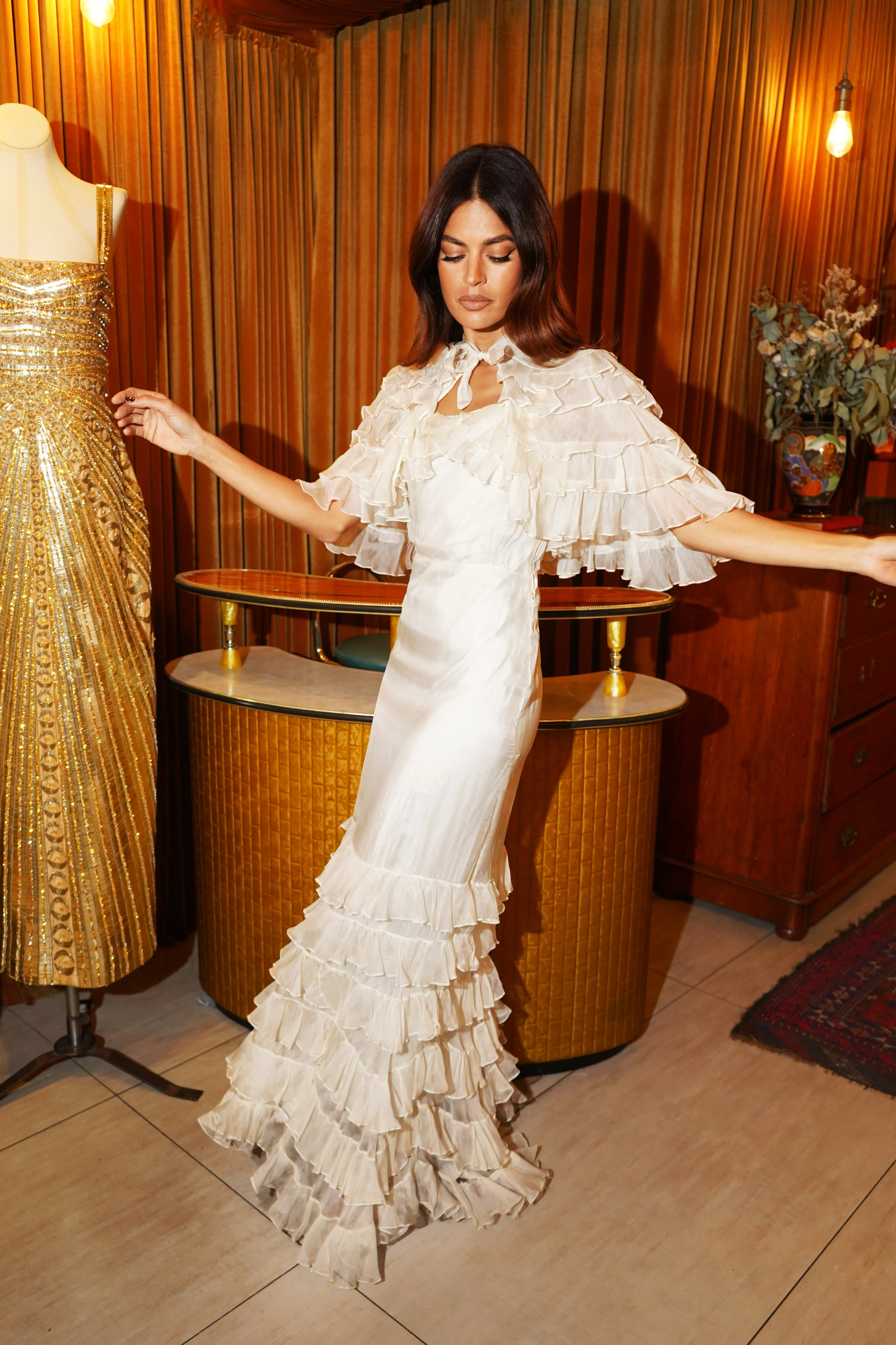 1930s Ivory Silk Midi Dress and Cape - Image 3