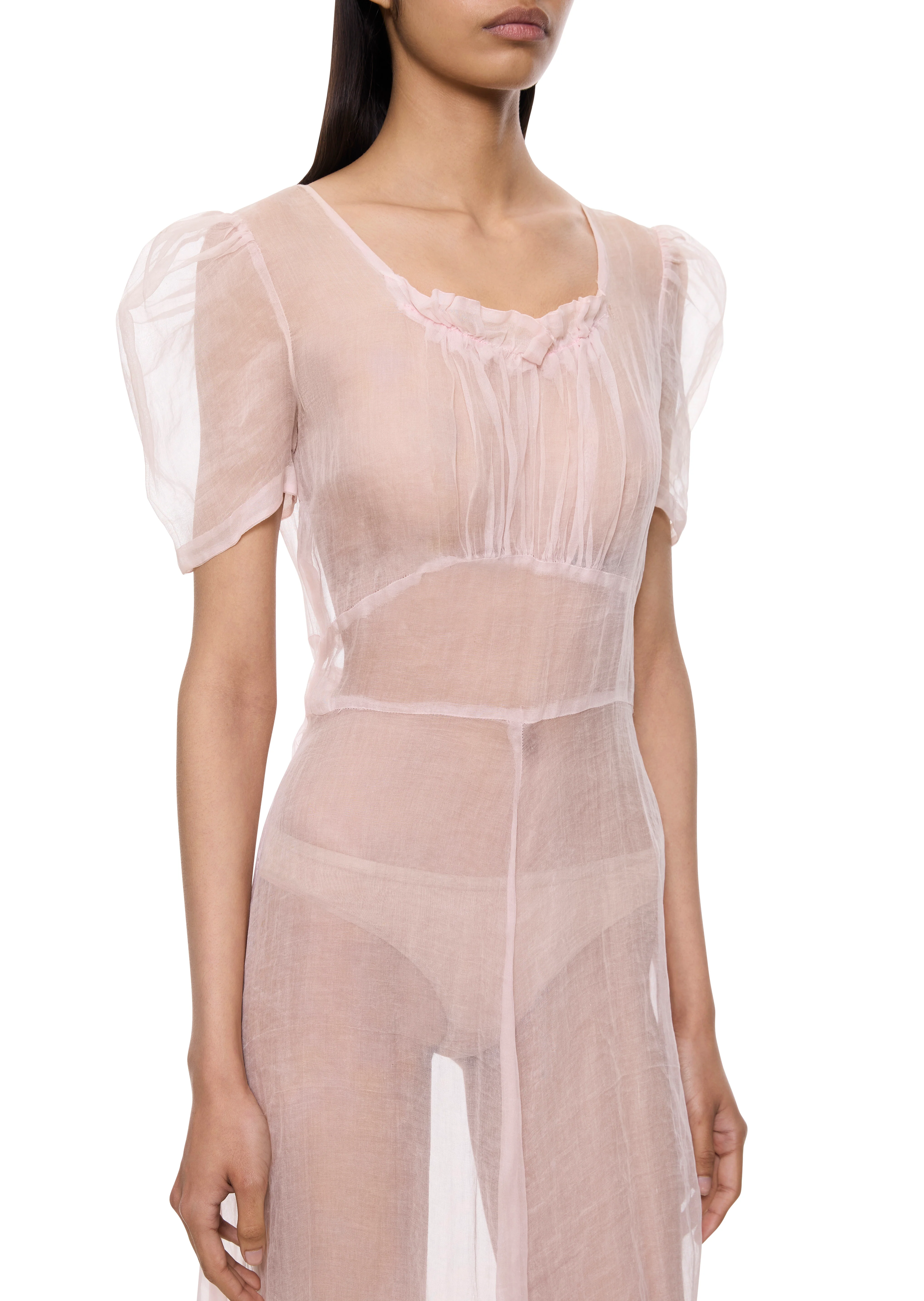 1930s Sheer Pink Chiffon Gown with Puffed Sleeves - Image 3