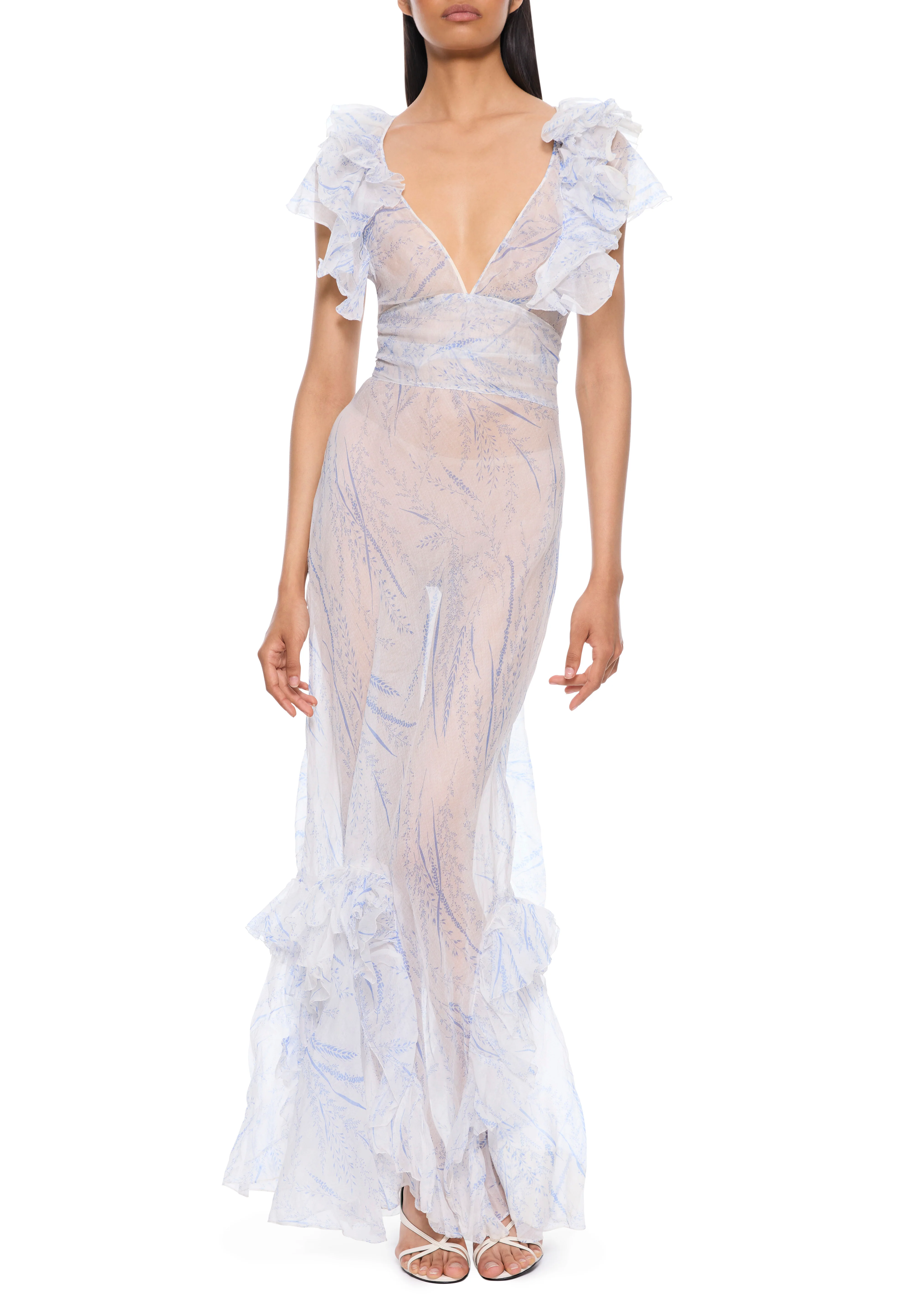 1930s White and Blue Chiffon Dress