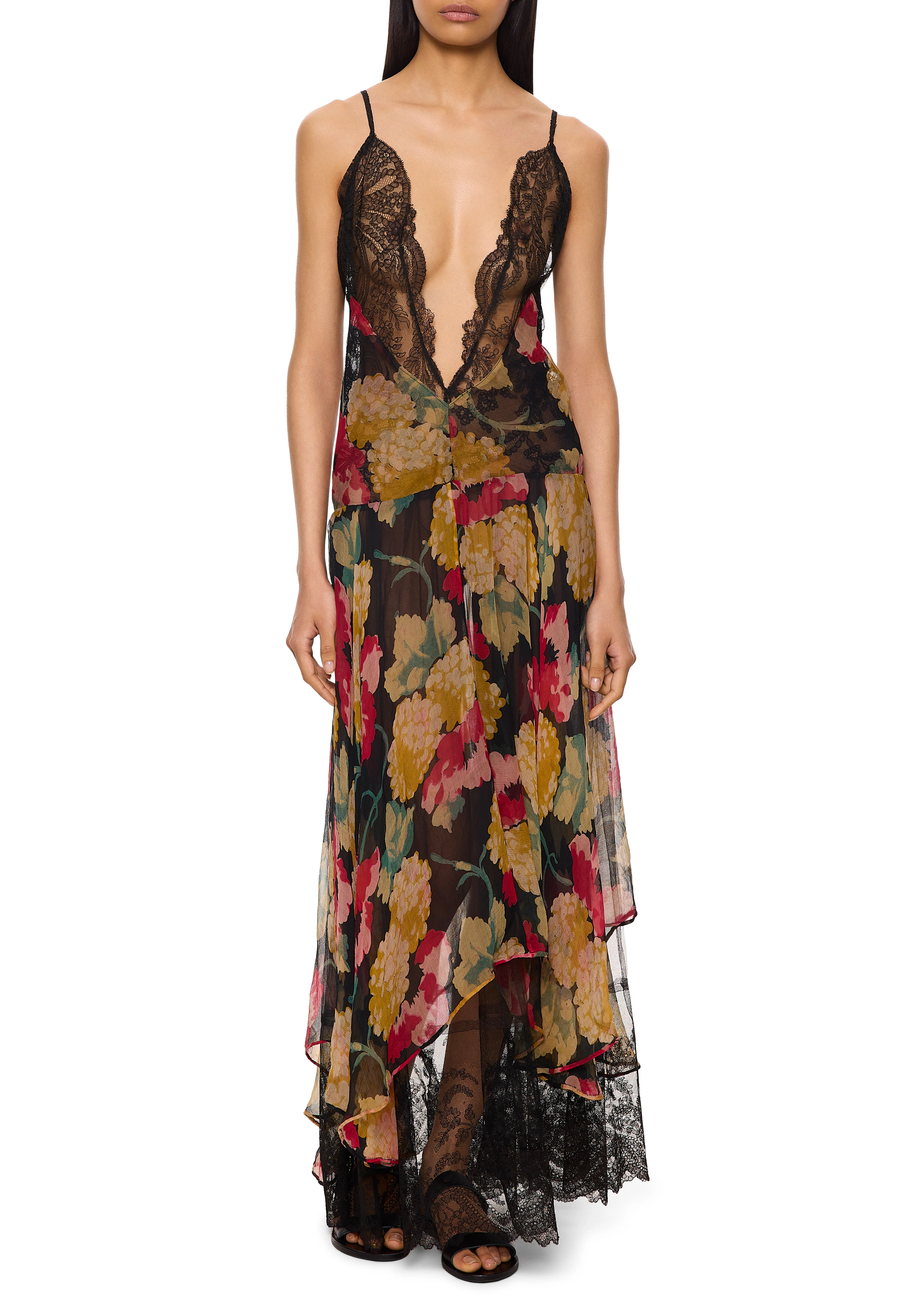 1940s Floral Silk Chiffon Gown with Handmade Lace
