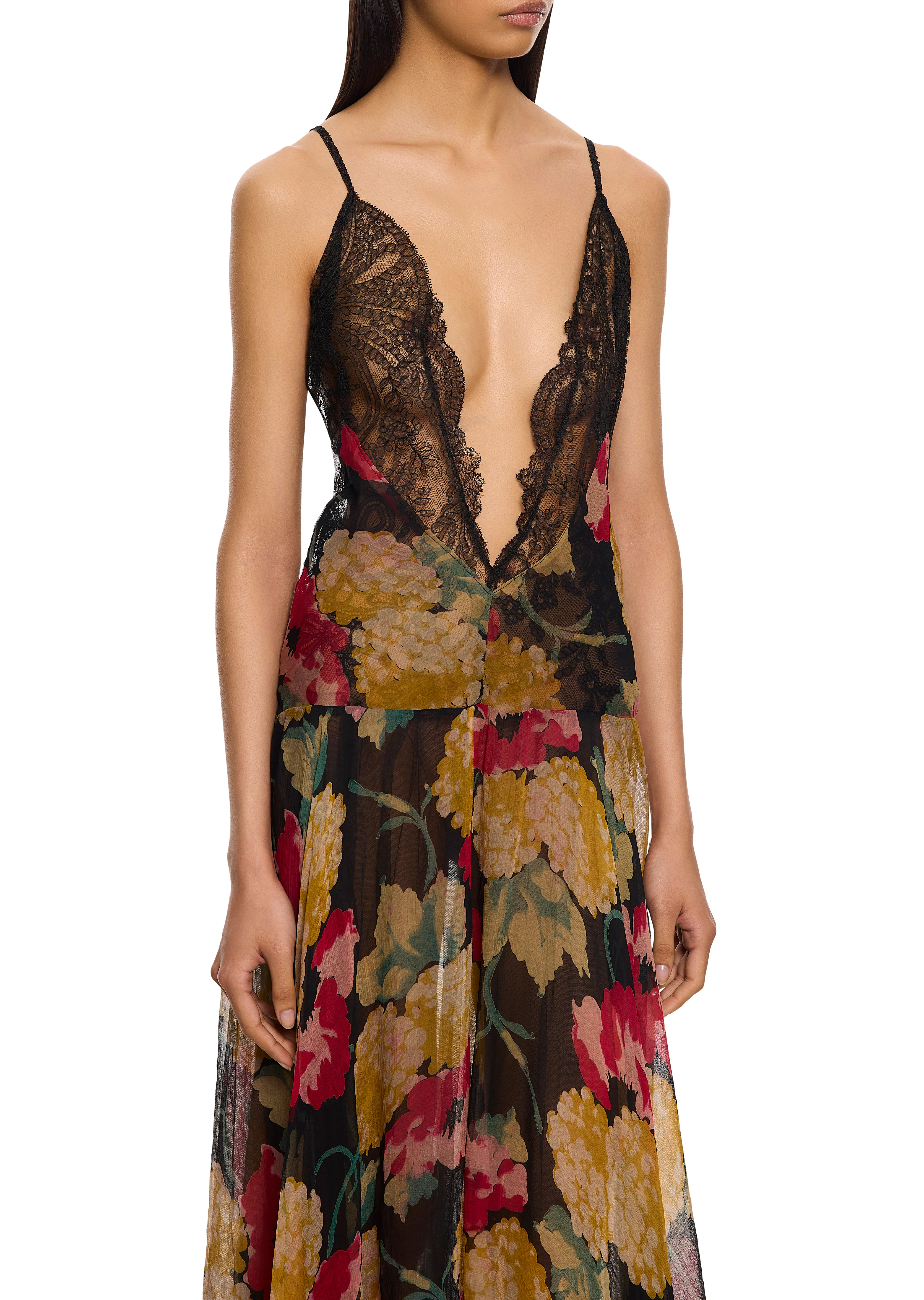 1940s Floral Silk Chiffon Gown with Handmade Lace - Image 2