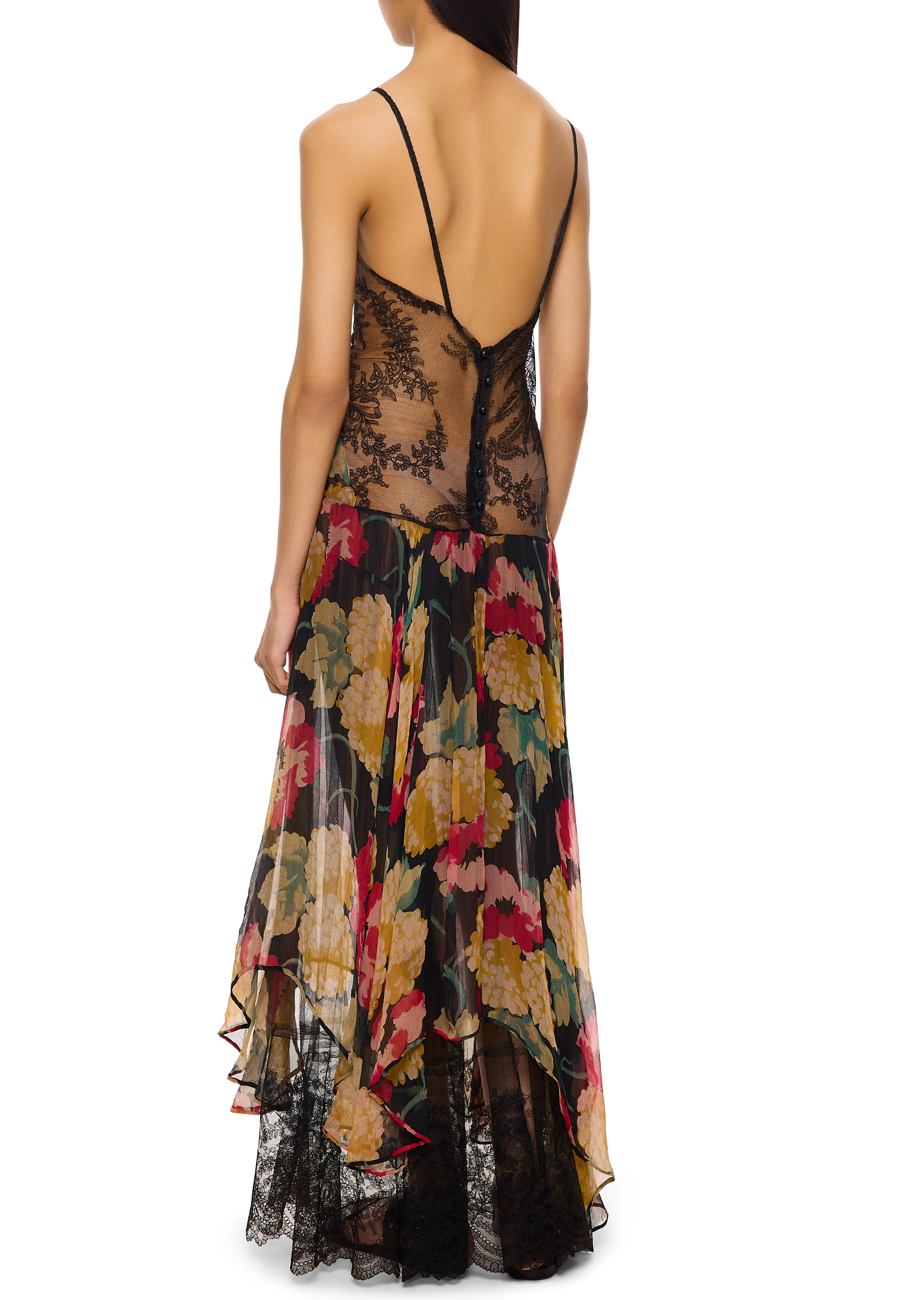 1940s Floral Silk Chiffon Gown with Handmade Lace - Image 3