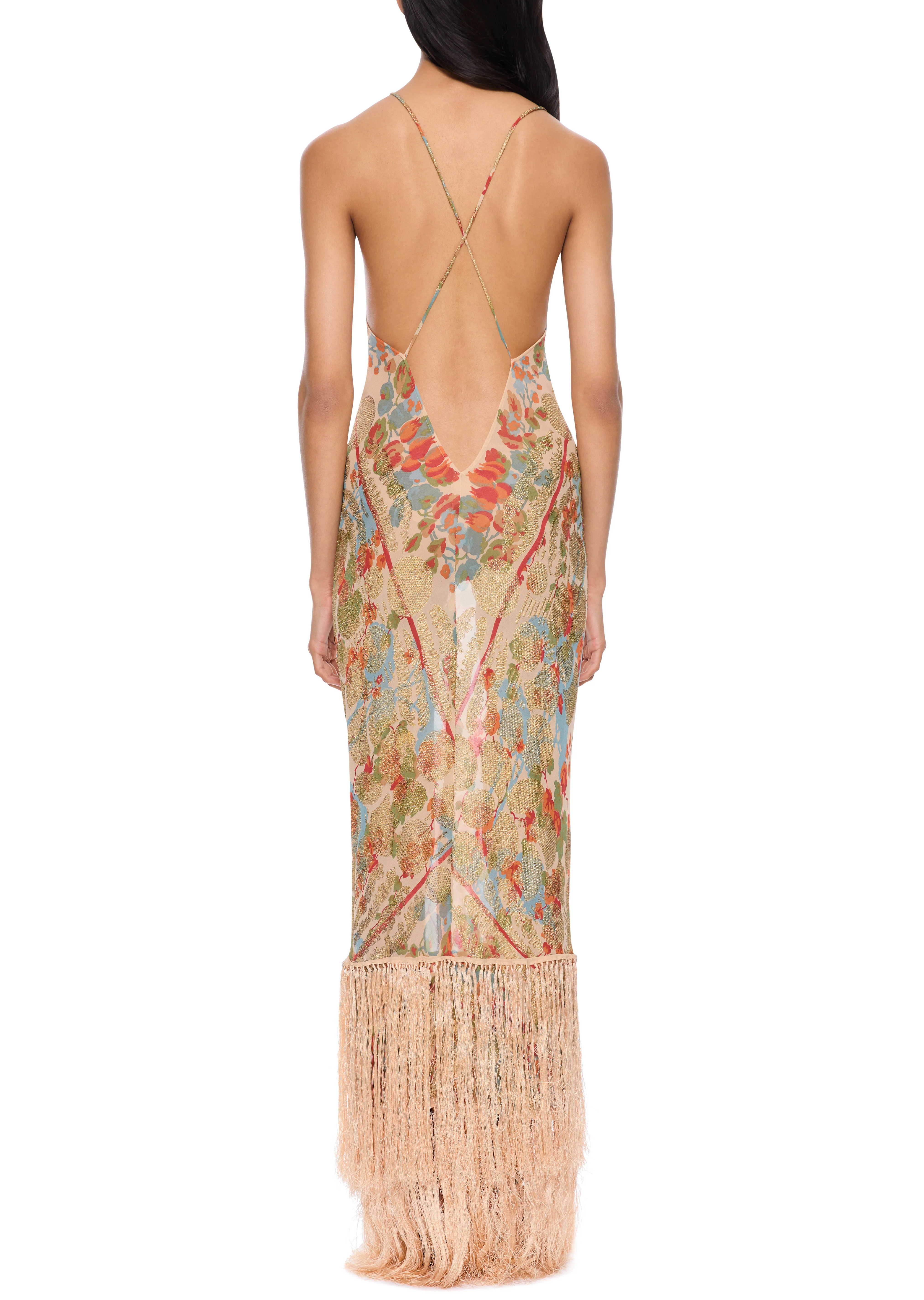 1940s Ivory Floral Print Gown with Fringing - Image 4