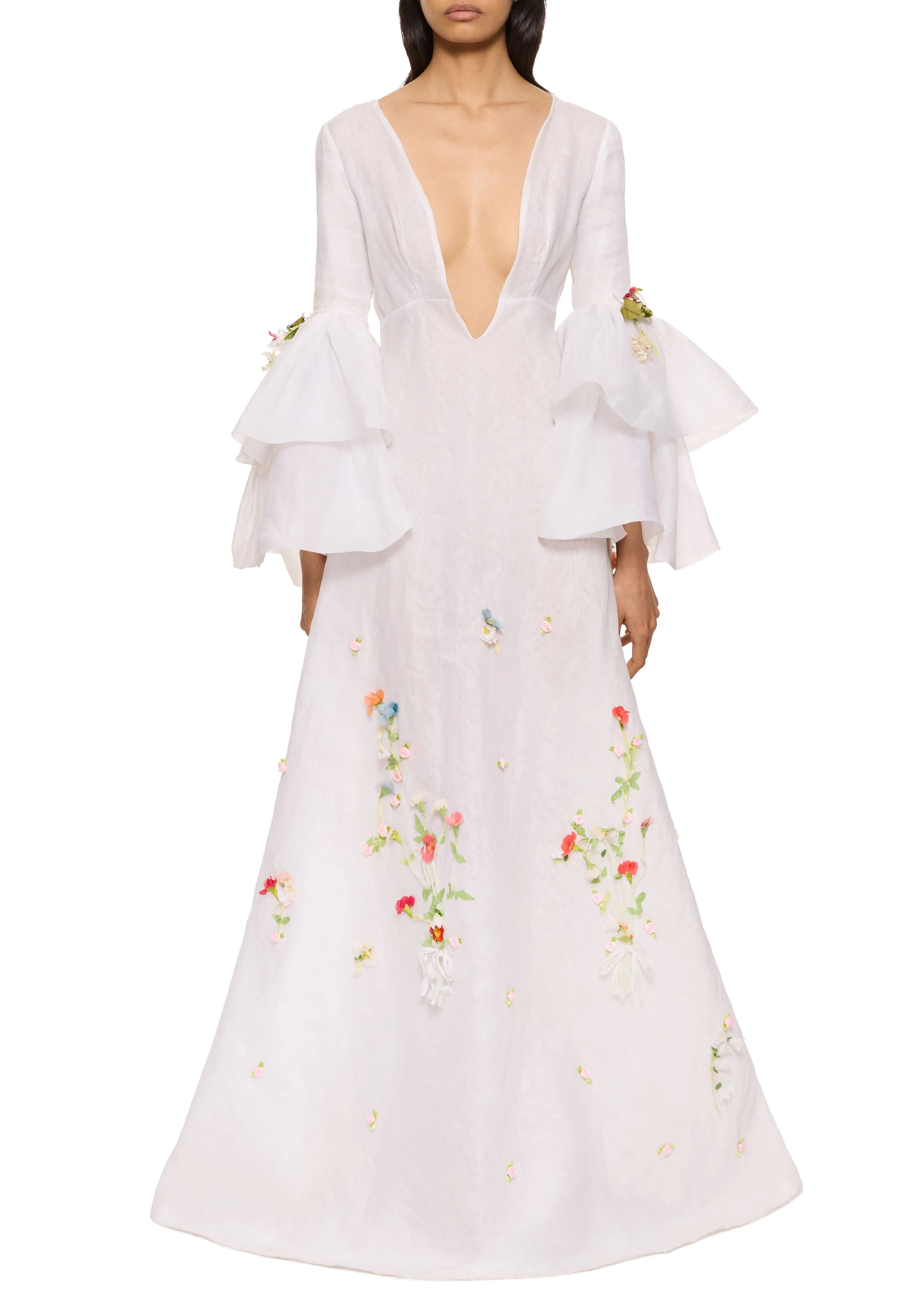 1970s Floral Bell Sleeve Wedding Dress - Image 2