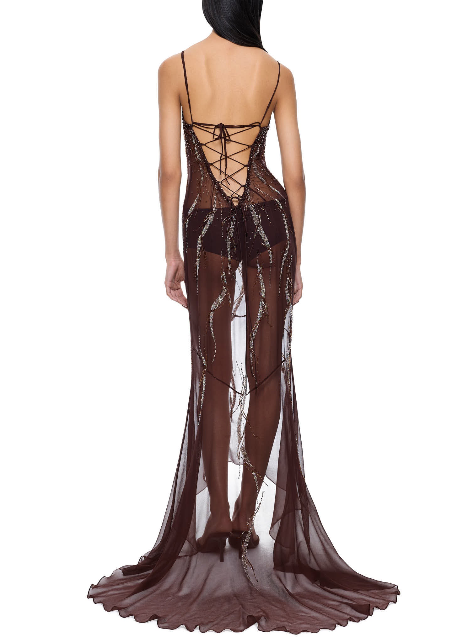 Early 90s Chocolate Brown Embellished Gown - Image 3