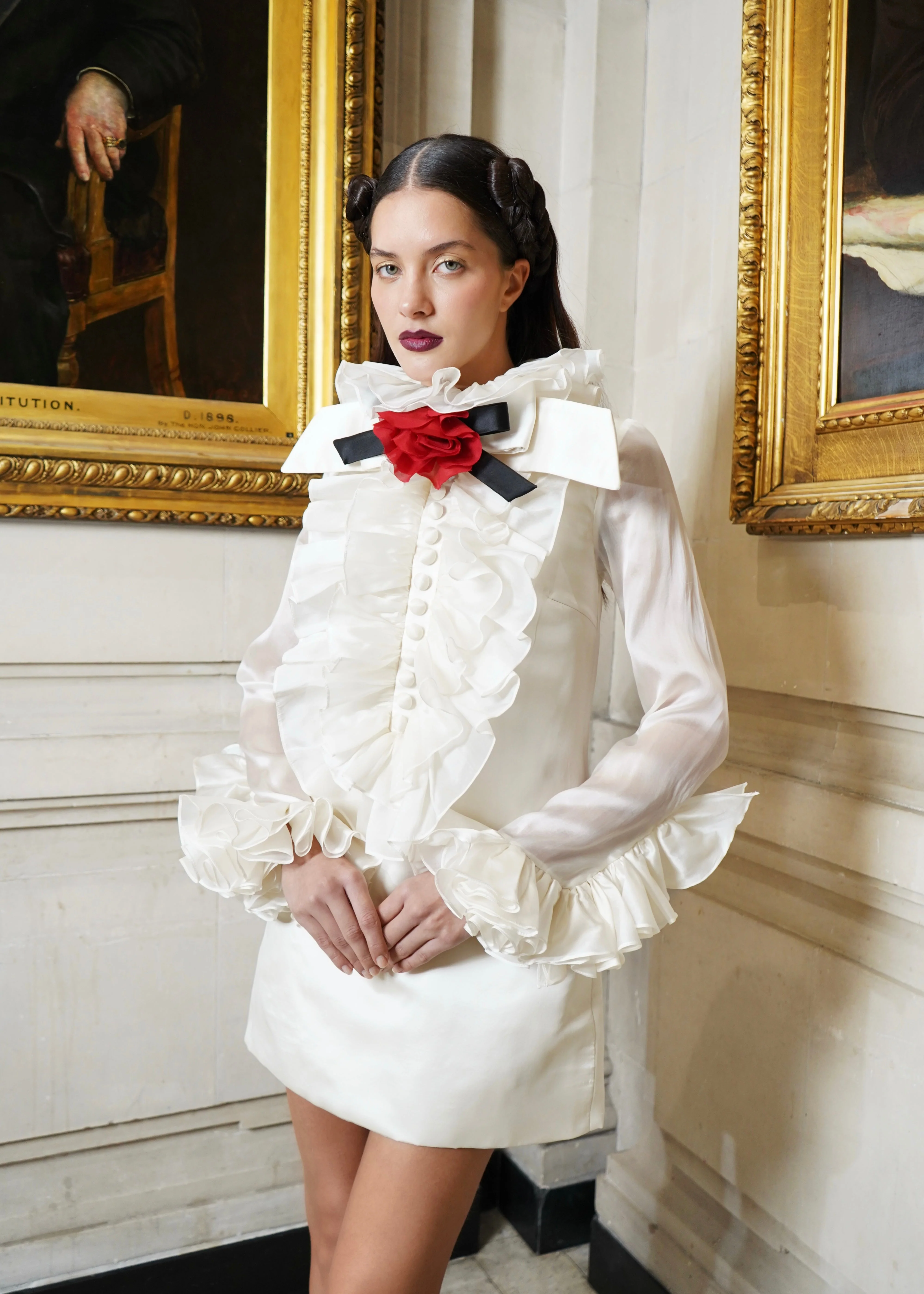 Rose Ruffle Neck Ivory Mini Dress - Image 2